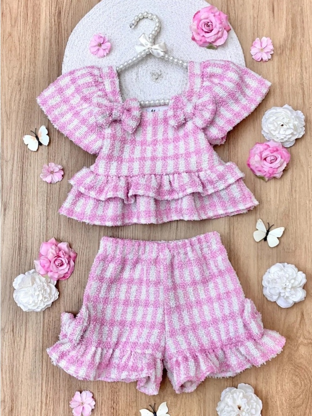 Kids Pink Gingham Ruffle Matching Set